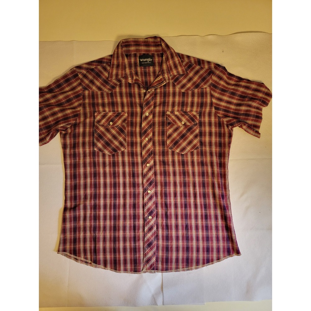 Wrangler Western Shirt Mens Large Burgundy Plaid Pearl Snap Short Sleeve Yoke